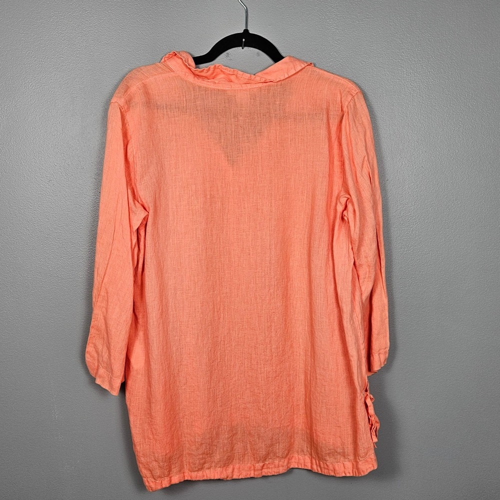 Isaac Mizrahi Women L Linen‎ Blouse 3/4 Sleeve Tie Hem Coastal Coral Resort Top - Picture 2 of 8